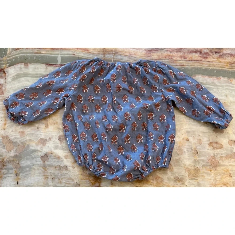 Rylee + Cru Baby Bubble Romper Blue Rust Floral Long Sleeve One Piece 3-6M